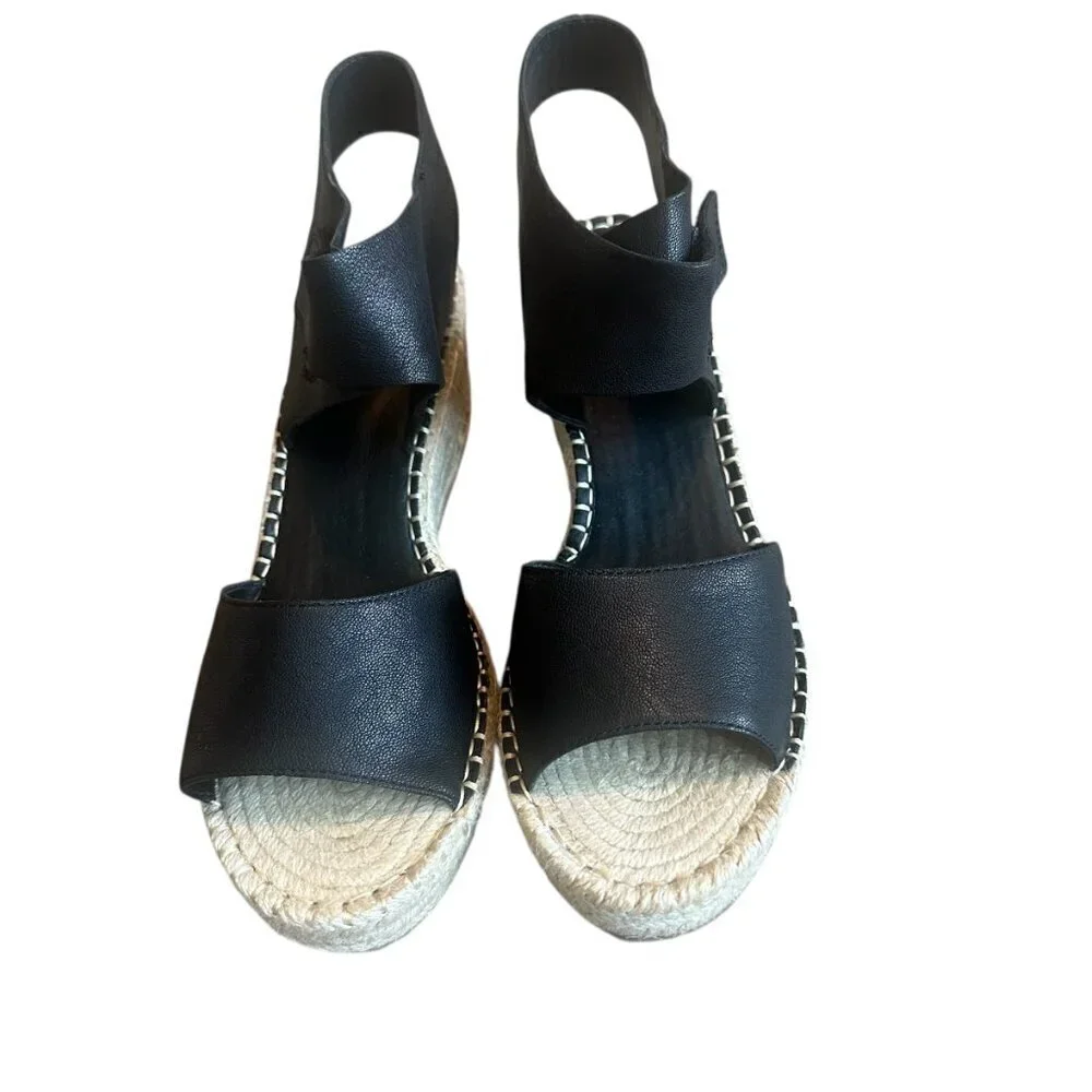 Eileen Fisher Weslia Black Wedge Sandals Espadrille Ankle Strap Size 9 Women's